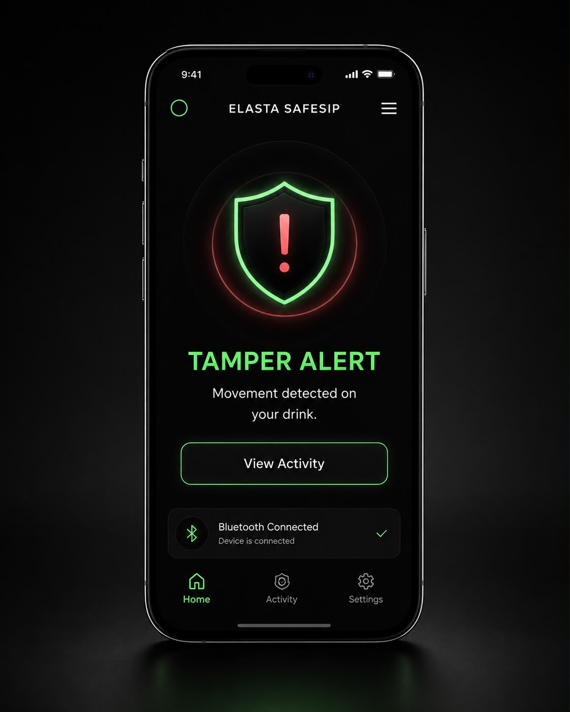 Elasta SafeSip app — tamper alert screen