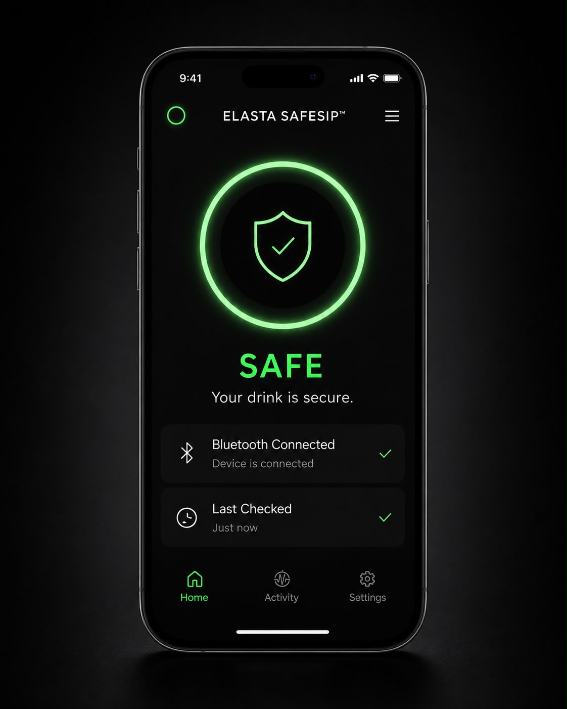Elasta SafeSip app — safe status screen